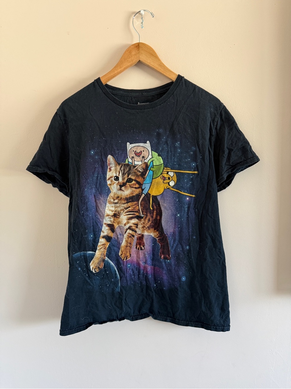 Black Cat Graphic Tee with Space Adventure Time Print